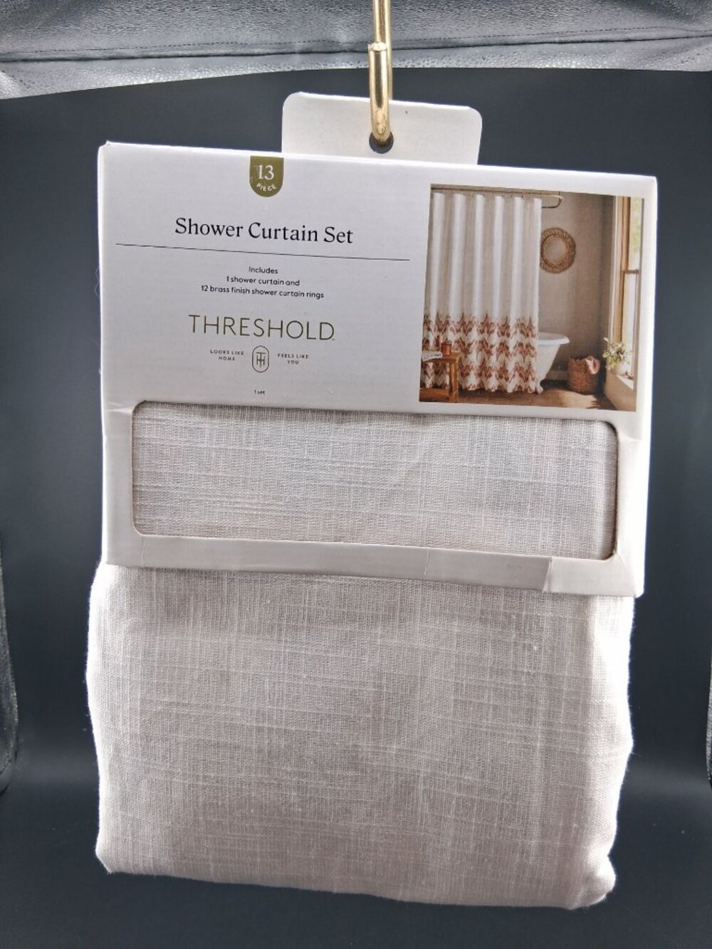 Threshold 13-Piece Cotton Shower Curtain Set with Brass Rings